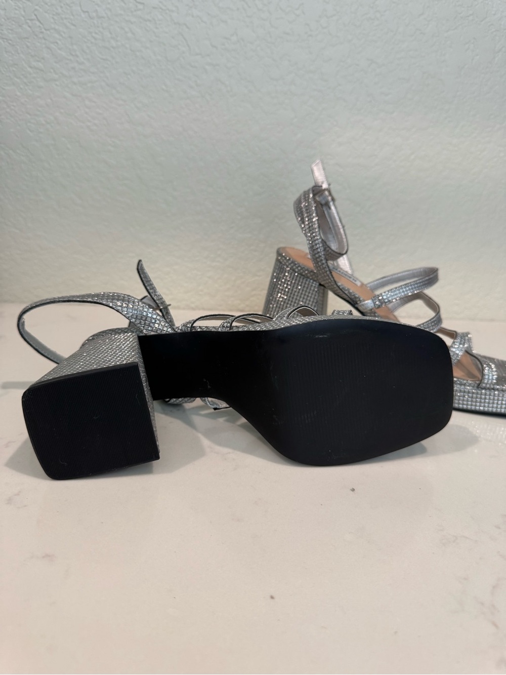 Steve Madden Metallic Silver Embellished Block Heel Sandals
